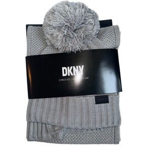 DKNY Women's 2 Piece Set Knit Pom Pom Beanie Hat & Scarf Gray